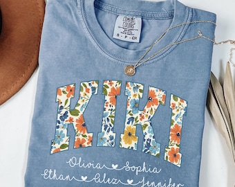 Comfort Colors® Kiki Shirt with Kids Names, Personalized Floral Kiki Shirt, Mothers Day Gift, Kiki Shirt for Grandma, Cute Kiki Shirt