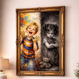 May include: A framed painting depicting two children, one joyful and colorful, the other somber in grayscale. The happy child wears a striped shirt and jeans, covered in paint. The other child is in a dress, arms crossed. A teddy bear sits below.