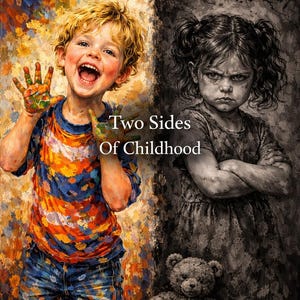 May include: An artistic depiction of childhood, split into two contrasting sides. One side shows a joyful child with colorful paint on their hands and clothes. The other side portrays a somber child with a teddy bear. Text reads "Two Sides Of Childhood."