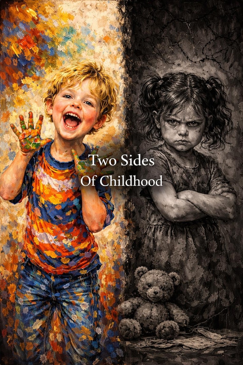 May include: An artistic depiction of childhood, split into two contrasting sides. One side shows a joyful child with colorful paint on their hands and clothes. The other side portrays a somber child with a teddy bear. Text reads "Two Sides Of Childhood."