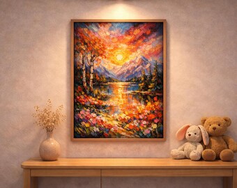 Colorful Mountain Lake Sunset Wall Art, Impasto Oil Landscape, Vibrant Nature Canvas, Peaceful Scenic Artwork, Modern Living Room Decor