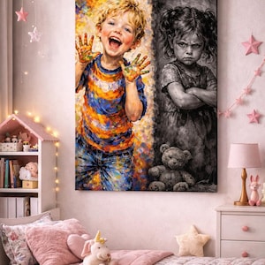 May include: A canvas print depicting two children, one joyful and colorful, the other somber in grayscale. The happy child is covered in paint, while the other has arms crossed. The artwork hangs above a bed with pink bedding.