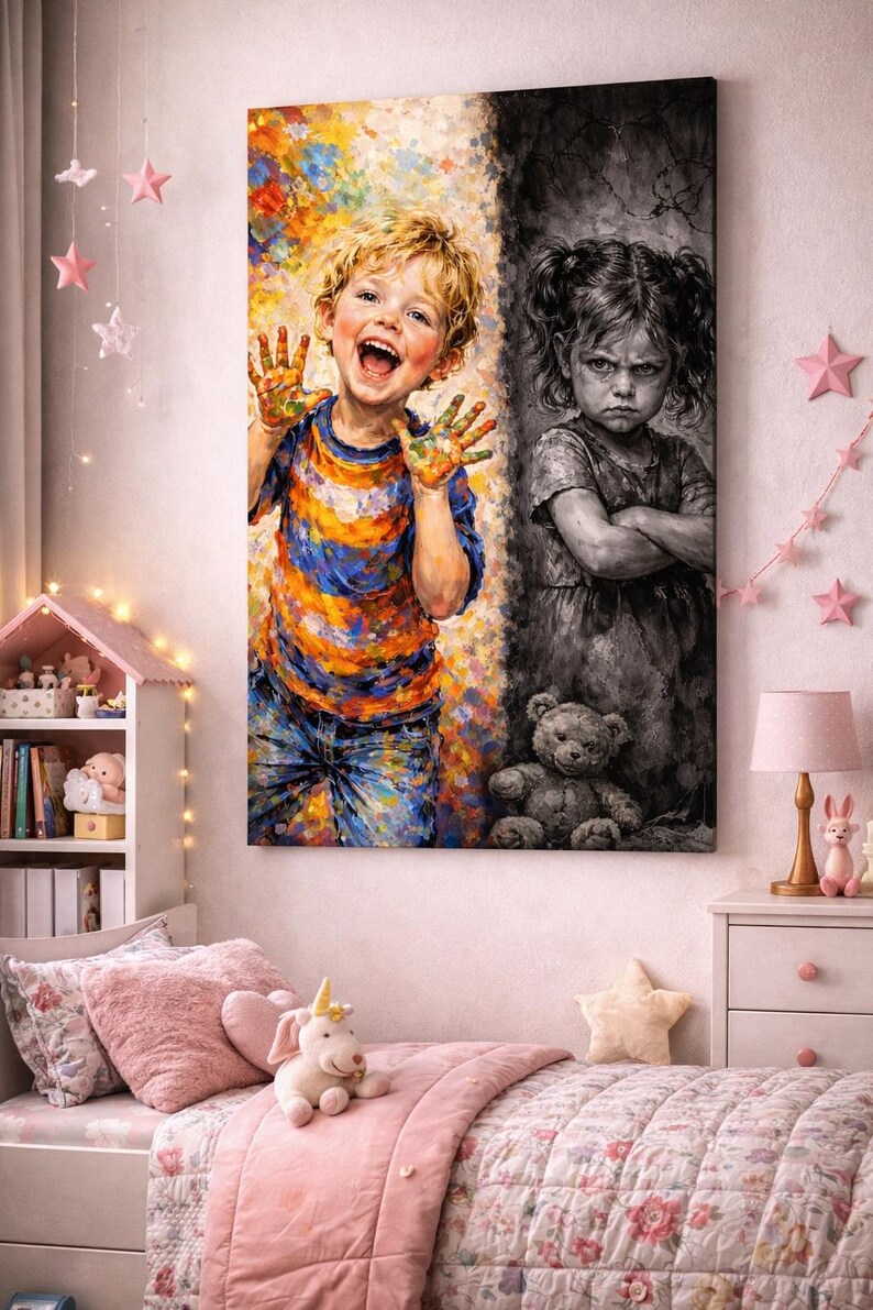 May include: A canvas print depicting two children, one joyful and colorful, the other somber in grayscale. The happy child is covered in paint, while the other has arms crossed. The artwork hangs above a bed with pink bedding.