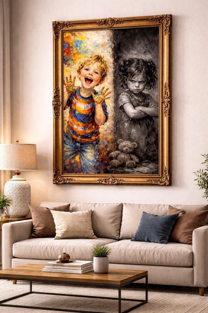 May include: A framed painting depicting two children, one joyful and colorful, the other somber in grayscale. The happy child wears a striped shirt and jeans, covered in paint. The other child is in a dress, arms crossed. A teddy bear sits below.