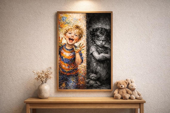 Two Faces of a Child Painting, Emotional Wall Art (Digital Download)