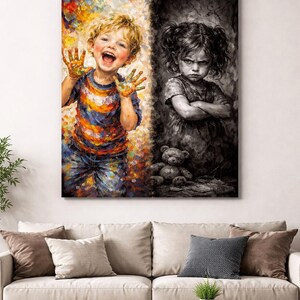 May include: A large canvas print depicting two children. One child is joyful with paint on their hands, the other is frowning. The artwork is split, with the happy child in color and the other in grayscale.