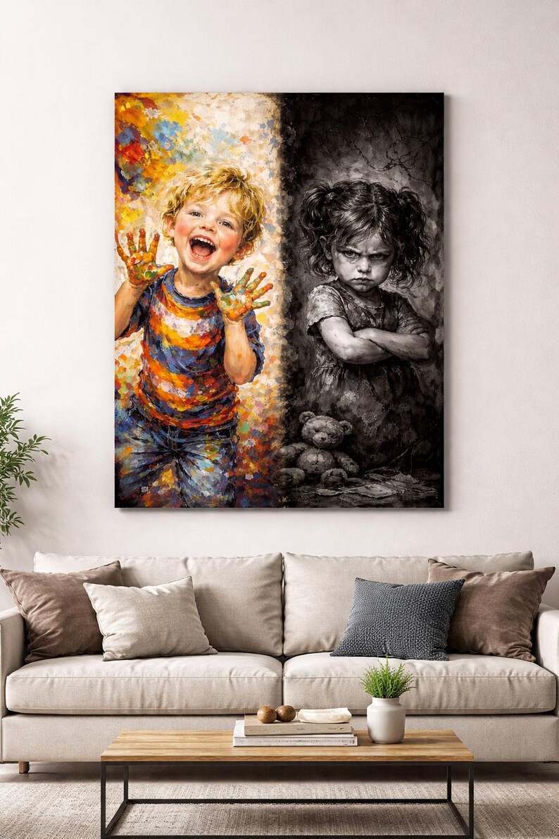 May include: A large canvas print depicting two children. One child is joyful with paint on their hands, the other is frowning. The artwork is split, with the happy child in color and the other in grayscale.