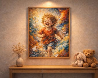 Kids Room Wall Art Printable, Running Boy Oil Painting, Colorful Playroom Decor, Digital Download