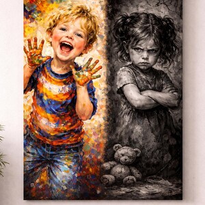 May include: A split canvas art piece depicting two children. One side shows a joyful child with paint-covered hands, the other a sullen child with a teddy bear. The artwork uses vibrant colors on one side and grayscale on the other.