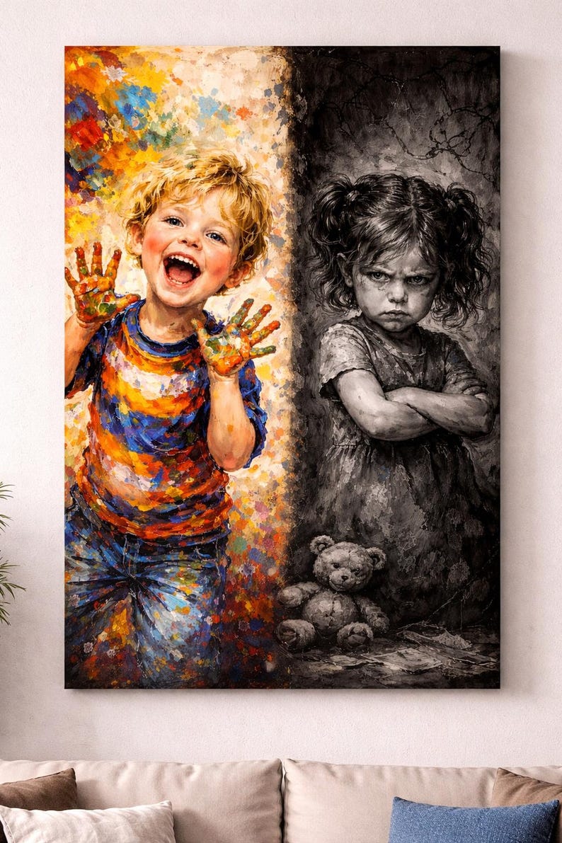 May include: A split canvas art piece depicting two children. One side shows a joyful child with paint-covered hands, the other a sullen child with a teddy bear. The artwork uses vibrant colors on one side and grayscale on the other.