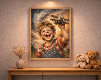 Vintage Boy with Toy Airplane Painting, Nostalgic Nursery Art (Digital Download)