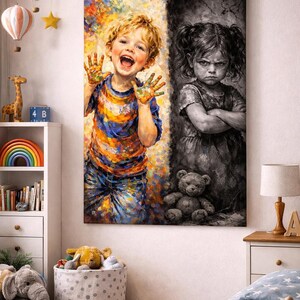 May include: A vibrant painting depicts a joyful child with paint-covered hands, contrasted with a grayscale image of a sad child. The artwork is displayed in a child's bedroom, with a bookshelf, toys, and a rocket ship toy.