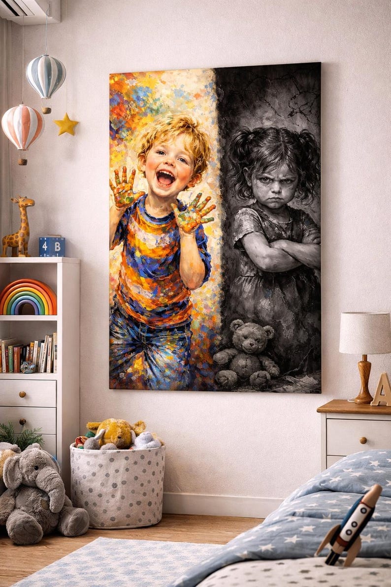 May include: A vibrant painting depicts a joyful child with paint-covered hands, contrasted with a grayscale image of a sad child. The artwork is displayed in a child's bedroom, with a bookshelf, toys, and a rocket ship toy.
