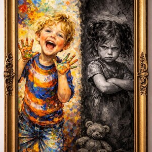 May include: A framed painting depicting two children, one joyful and colorful, the other somber in grayscale. The happy child, with paint-covered hands, wears a striped shirt and jeans. The other child, with arms crossed, stands near a teddy bear.