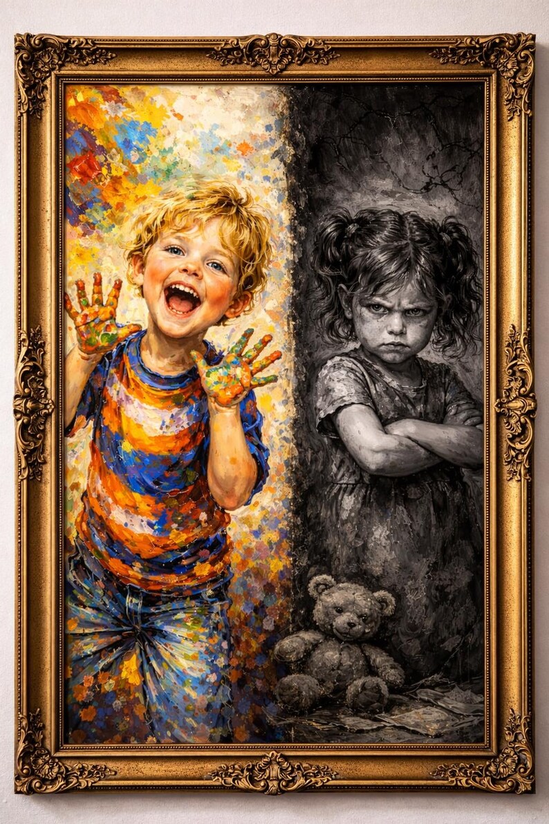 May include: A framed painting depicting two children, one joyful and colorful, the other somber in grayscale. The happy child, with paint-covered hands, wears a striped shirt and jeans. The other child, with arms crossed, stands near a teddy bear.