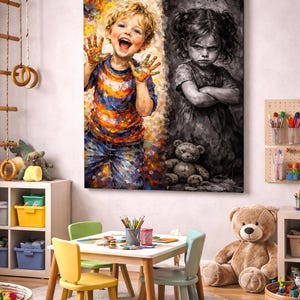 May include: A large canvas print depicting two children. One child is joyful with paint on their hands, the other is in black and white with a stern expression. The room features a small table and chairs, a teddy bear, and art supplies.
