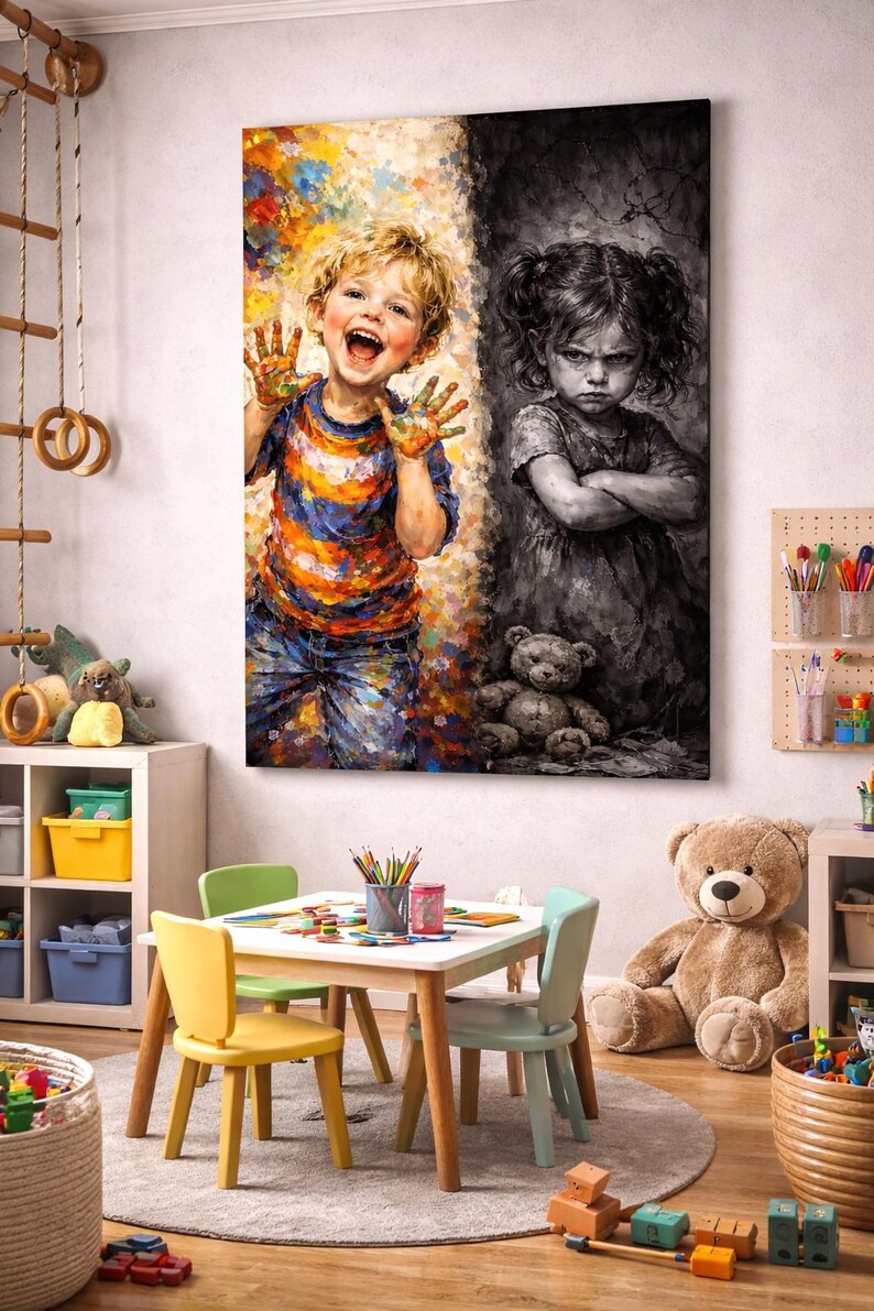 May include: A large canvas print depicting two children. One child is joyful with paint on their hands, the other is in black and white with a stern expression. The room features a small table and chairs, a teddy bear, and art supplies.