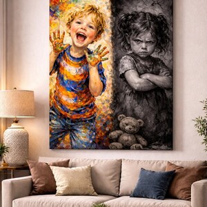 May include: A split canvas art piece depicting two children. One side shows a joyful child with paint on their hands, the other a sullen child. The artwork is displayed above a beige sofa with decorative pillows and a wooden coffee table.