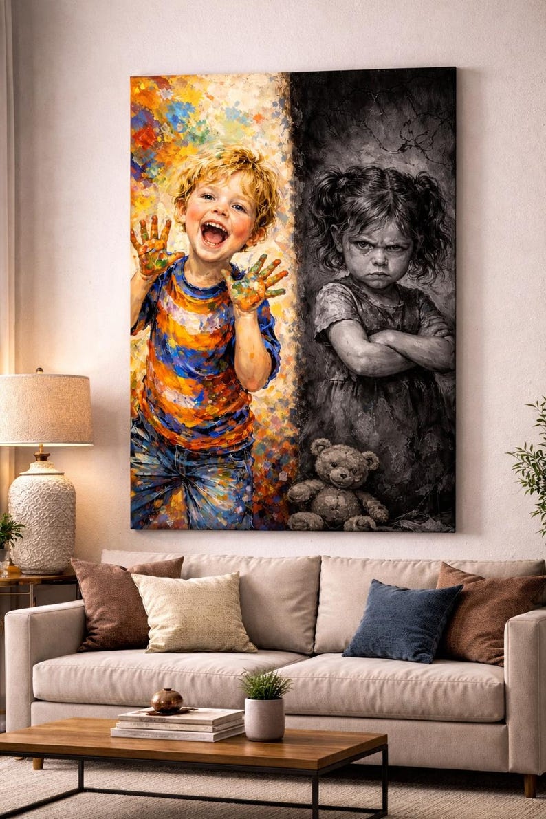 May include: A split canvas art piece depicting two children. One side shows a joyful child with paint on their hands, the other a sullen child. The artwork is displayed above a beige sofa with decorative pillows and a wooden coffee table.