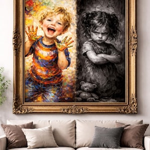 May include: A framed painting depicting two children. One child is joyful with colorful paint on their hands, the other is in black and white, looking angry. The painting is in a gold ornate frame, hanging above a beige sofa.