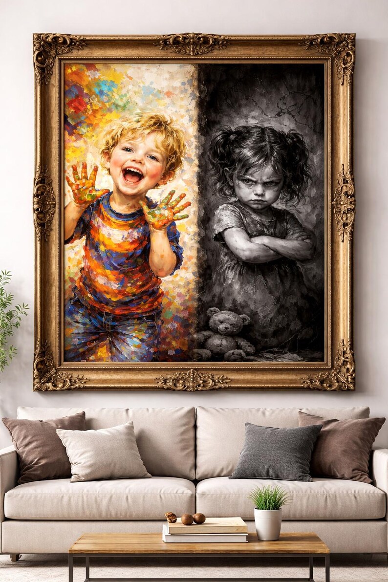 May include: A framed painting depicting two children. One child is joyful with colorful paint on their hands, the other is in black and white, looking angry. The painting is in a gold ornate frame, hanging above a beige sofa.
