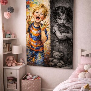 May include: A large canvas art piece depicting two children. One side shows a joyful child with colorful paint on their hands and clothes. The other side shows a child with a stern expression. The artwork hangs in a child's bedroom.
