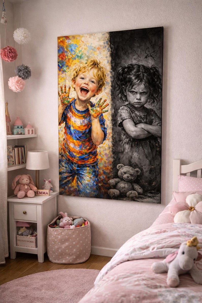 May include: A large canvas art piece depicting two children. One side shows a joyful child with colorful paint on their hands and clothes. The other side shows a child with a stern expression. The artwork hangs in a child's bedroom.