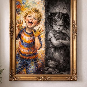 May include: A framed painting depicting two children, one joyful and colorful, the other somber in grayscale. The happy child has paint on their hands and wears a striped shirt and jeans. The other child is in a dark dress with a teddy bear.
