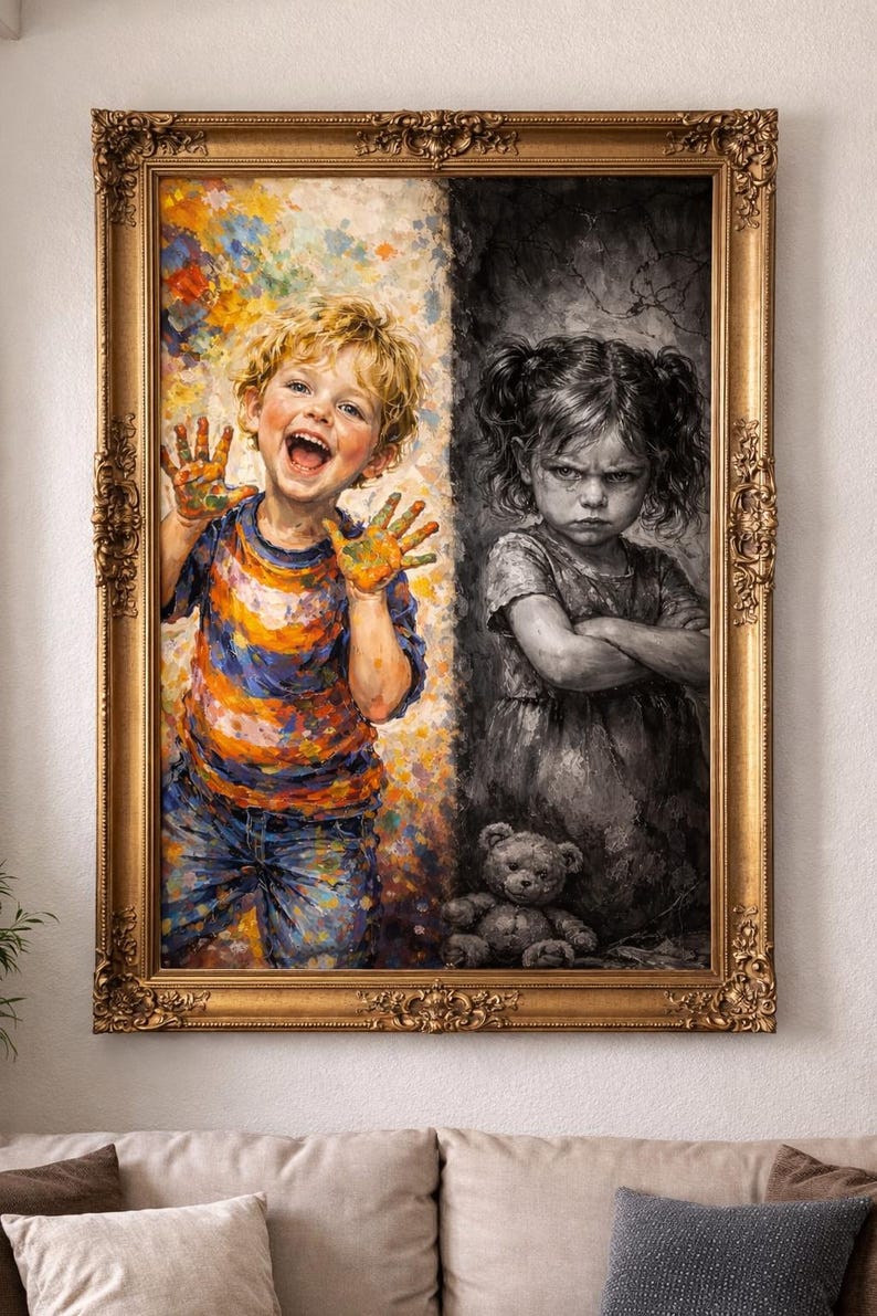 May include: A framed painting depicting two children, one joyful and colorful, the other somber in grayscale. The happy child has paint on their hands and wears a striped shirt and jeans. The other child is in a dark dress with a teddy bear.