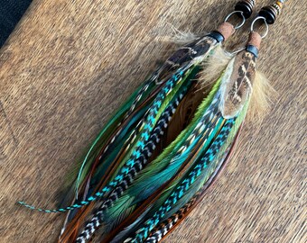 Extra Long Green Feather Earrings: Wire Wrapped Boho Statement Jewelry