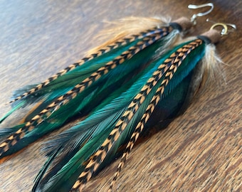 Green Feather Earrings: Handmade Boho Emu & Rooster Feather Jewelry