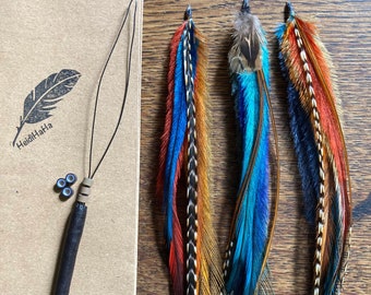 Kit de bricolage d’extensions de cheveux de plumes, ensemble de 3 extensions de plumes collées + micro perles + outil de boucle + clip en option | Boho Hair Accessoires Cadeau