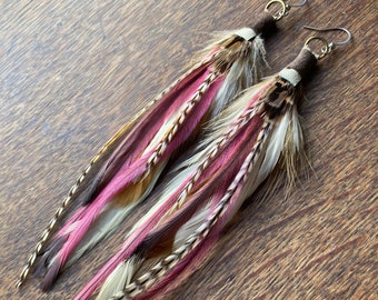 Pink Feather Earrings, Boho Feather Earring, Hoop Earrings, Boho Jewellery, Gifts Women, Beaded Feather Earrings