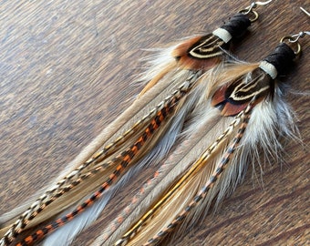 Long Feather Earrings: Neutral Colourway Boho Festival Jewelry