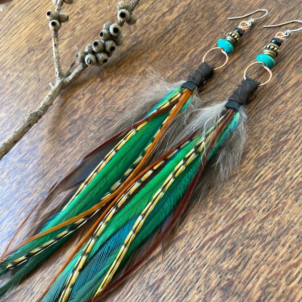 Echte veren oorbellen, Boho Feather Earring, hoepel oorbellen, Boho sieraden, Boho sieraden, cadeaus voor vrouwen, kralen veren oorbellen