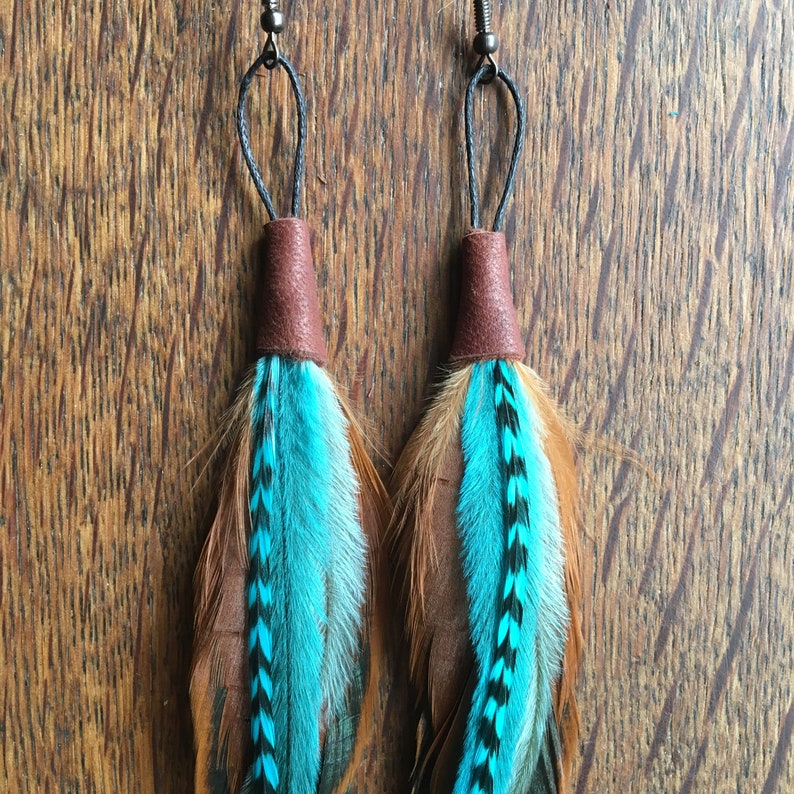 Blue Feather Earrings Grizzly Feather Earrings Boho Etsy