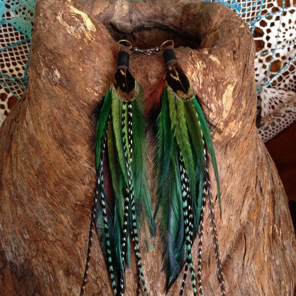 Earthy Tribal Feather Earrings//Aztec American Indian Inspired Long Feather Earrings//Bohemian Gypsy style