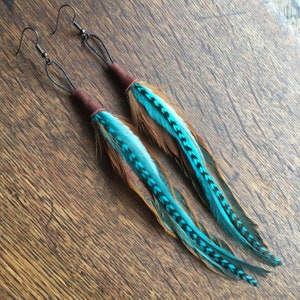 Blue Feather Earrings | Grizzly Feather Earrings | Boho Jewellery | Turquoise Feather Earrings, Aqua Earrings, Sapphire Feather Earrings