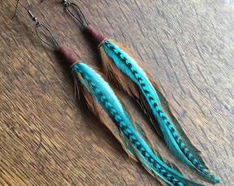 Blue Feather Earrings | Grizzly Feather Earrings | Boho Jewellery | Turquoise Feather Earrings, Aqua Earrings, Sapphire Feather Earrings