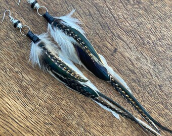 Long Feather Earrings, Natural Rooster & Grizzly Feathers, Black White Brown Boho Earrings, Sterling Silver Hooks, Handmade Gift