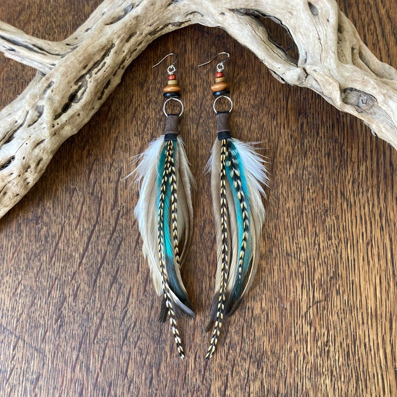 Real Feather Earrings, Boho Feather Earring, Hoop Earrings, Bohemian Jewelry, Boho Jewellery, Gifts For Women, Beaded Feather Earrings image 1