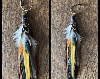 Mens Feather Earring: Bronze Hoop Feathered Earring, Boho Tribal Jewelry