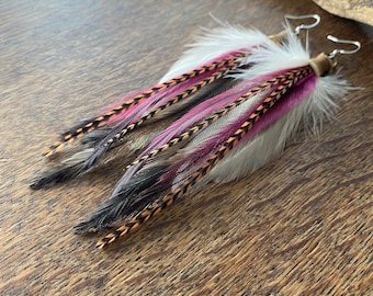 Short Pink Feather Earrings: Handmade Boho Chic Statement Jewelry