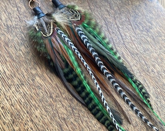 Örhängen med äkta fjäder: Långa gröna smycken i boho-stil med tupp- och fasanfjäder, örhängen med tigeröga och citrinpärlor