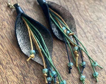 Leather Earrings: Nature Inspired Leaf Shaped Earrings- 4 inches long