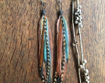 Boho Feather Dangle Earrings: Emu, Rooster, and Cree Feathers