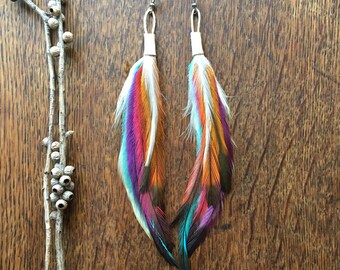 Rainbow Feather Earrings, Rainbow  Earrings, Long Feather Earrings, Rainbow Jewellery, Fun Earrings Festival Wear Rainbow Gifts