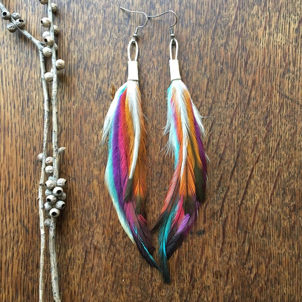 Rainbow Feather Earrings, Rainbow  Earrings, Long Feather Earrings, Rainbow Jewellery, Fun Earrings Festival Wear Rainbow Gifts