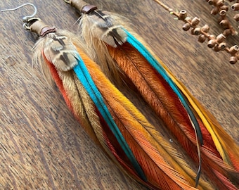 Emu & Pheasant Feather Earrings: 6 inch Boho Dangle Earrings  Festival Jewelry and Accessories
