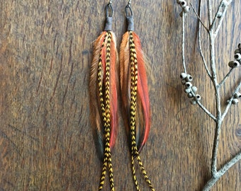 Long Feather Earrings | Real Feather Earrings | Gold Earrings, Boho Accessories, Bohemian Jewellery, Gypsy Jewelry , Festival Gifts for Her